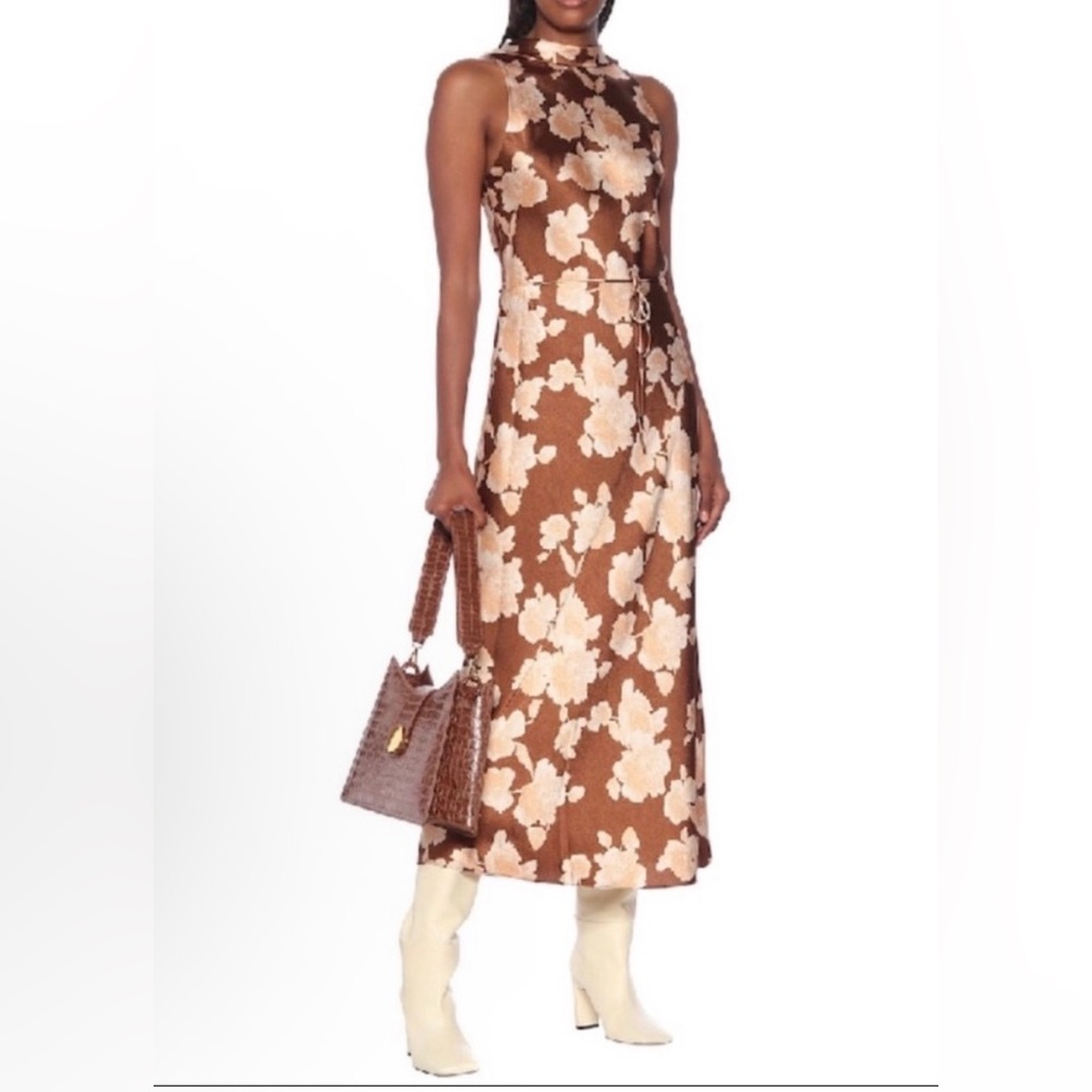 Vince Satin Floral Brown Midi Dress